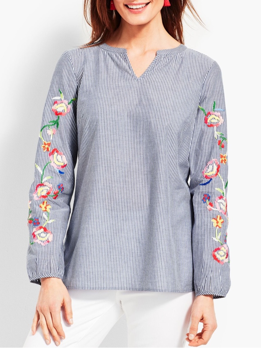 Talbots • Floral Embroidery Striped Popover Blouse